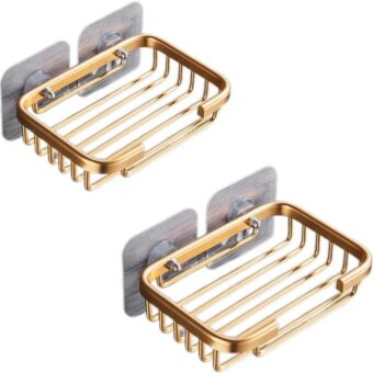 2Pcs Gold Bar Soap Holder for Shower Wall,Stainless Steel Adhesive Soap Dish,Drill Free Soap Holder Storage Rack, Rack Soap Tray Bar for Bathroom...