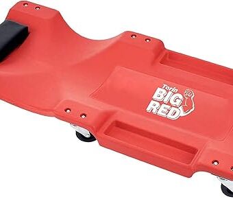 BIG RED TRP6240 Torin Blow Molded Plastic Rolling Garage/Shop Creeper: 40" Mechanic Cart with Padded Headrest, Dual Tool Trays and 6 Casters, Red