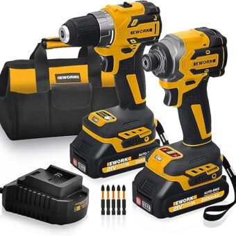 EWORK Compact Cordless Drill and Impact Driver Combo Kit 21V Brushless Power Tool Set with (2) 2.0Ah Batteries and Fast Charger, Tool Bag (EKC-1018)