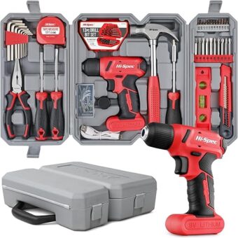 Hi-Spec 58pc Red 8V Electric Drill Driver & Household Tool Kit Set. A DIY Cordless Power Screwdriver