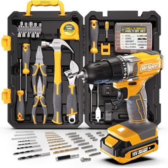 Hi-Spec 81-Piece 18V Cordless Drill Driver and Home Tool Kit， Drill Set Combo Kit in Tool Storage Case, Yellow