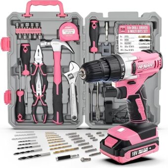 Hi-Spec 81pc Pink 18V Cordless Power Drill Driver.Complete Home & Garage Hand Tool Kit Set for DIY