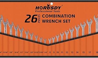 HORUSDY 26-Piece Wrench Set | Combination Wrench Set with Roll-up Pouch | SAE 1/4” - 1” and Metric 8mm - 24mm Wrench Set Metric and Standard