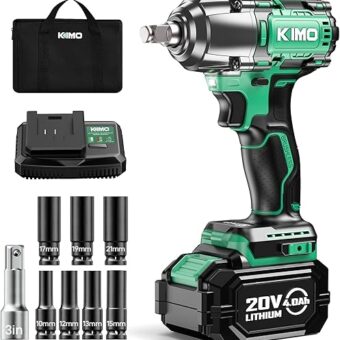 KIMO Cordless Impact Wrench 1/2", Brushless Impact Driver with 332 ft-lb & Max Torque 3000 RPM, 20V Electric Impact Wrench with 4.0 Li-ion Battery...