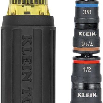 Klein Tools 32910 Impact Driver, 7-in-1 SAE Impact Socket Set with Handle, Flip Socket with 6 Hex Driver Sizes plus a 1/4-Inch Bit Holder