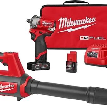 Milwaukee 2555-22 M12 Fuel 12-Volt Lithium-Ion Brushless Cordless Stubby 1/2 in Impact Wrench Kit with Milwaukee 0852-20 M12 Compact Spot Blower, Red