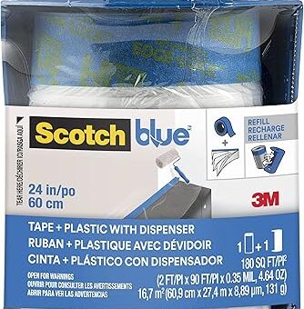 ScotchBlue Pre Plastic Painters Tape with Bladed Dispenser, 24 in x 30yd, Tape & Masking Film Combined in One Product, Static Cling to Stay in One...