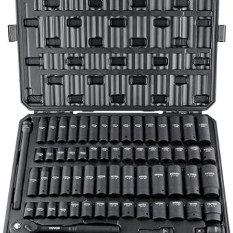 VEVOR 1/2" Drive Impact Socket Set, 65 Piece SAE 3/8" to 1-1/4" and Metric 10-24mm, 6 Point Cr-V Alloy Steel for Auto Repair, Easy-to-Read Size...