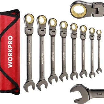 WORKPRO 8-piece Flex-Head Ratcheting Combination Wrench Set, SAE 5/16-3/4 in, 72-Teeth, Cr-V Constructed, Nickel Plating with Organizer Bag