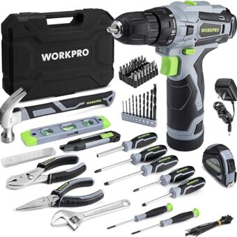 WORKPRO Home Tool Kit with Power Drill, 108PCS Power Home Tool Set with 12V 1.5 Ah Battery Powered Screwdriver and Tool Box, Electric Cordless...