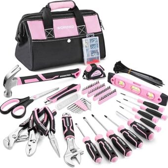 WORKPRO Pink Tool Set, 277 PCS Apartment Essentials Hand Tool Bag Set with 13-Inch Wide Mouth Open Storage Bag, Portable Home Tool Kit Including...