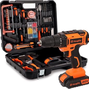 YOUGFIN 118 Pieces Power Tool Combo Kit with 20V Cordless Drill (3/8"), 2 Pack 1.5Ah Battery & Charger - Professional DIY Hand Tool Kit for Home,...