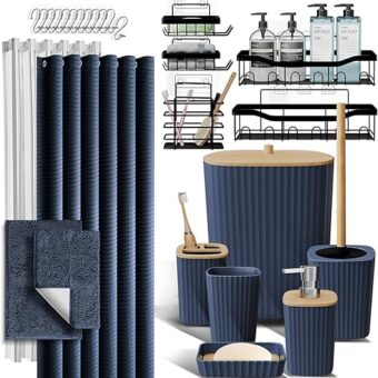 Bathroom Accessories Set with Shower Caddy and Bath Rugs, 27PC Bathroom Accessory Set with Shower Caddies Navy Bath Rugs, Shower Curtain Set,...