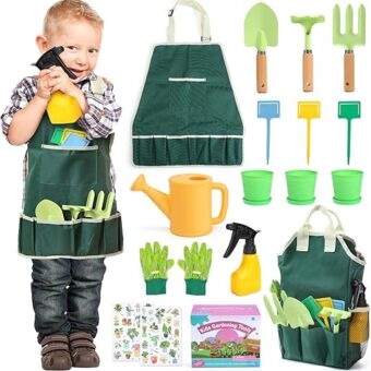 CUTE STONE Kids Gardening Tool Set, 20PCS Gardening Toys Includes Metal Rake,Fork,Trowel,Apron,Gloves,Watering Can,Tote Bag and Strickers, Garden...