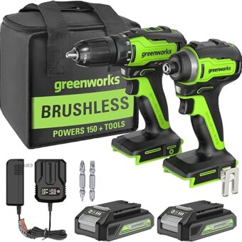 Greenworks 24V MAX Cordless Brushless Drill + Impact Combo Kit, (2) 2.0Ah Batteries, (1) Charger, and Bag Included