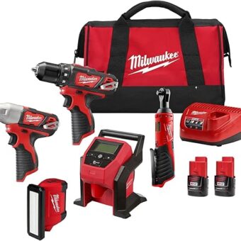 Milwaukee 2494-25 M12 5-Tool Combo Kit - Drill, Driver, Ratchet, Inflator, Light, (2) 2.0ah batteries, charger, and Tool Bag