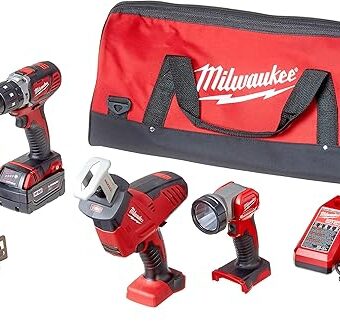 Milwaukee 2695-24 M18 18V Cordless Power Tool Combo Kit with Hammer Drill, Impact Driver, Reciprocating Saw, and Work Light (2 Batteries, Charger,...