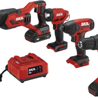 SKIL 4-Tool Kit: 20V Cordless Drill Driver, Impact Driver, Reciprocating Saw and LED Spotlight, Includes Two 2.0Ah Lithium Batteries and One...