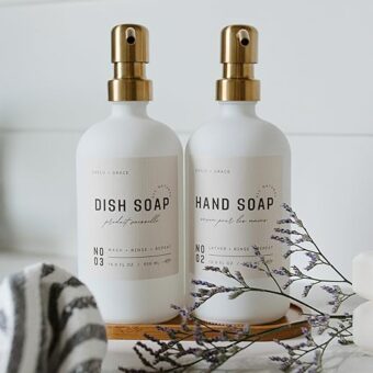 White 16oz Glass Soap Dispenser Set with Non-Slip Bamboo Tray | Gold Stainless Steel Pumps | 12 Matte Waterproof Labels - Hand Soap, Dish Soap,...