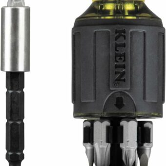 Klein Tools 32308 Multi-bit Stubby Screwdriver, Impact Rated 8-in-1 Adjustable Magnetic Tool with Phillips, Slotted, Square and Nut Driver