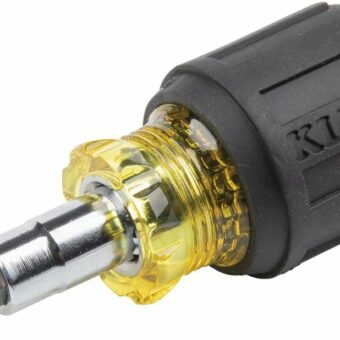 Klein Tools 32561 Multi-Bit Screwdriver / Nut Driver, 6-in-1 Stubby Screwdriver with 2 Phillips, 2 Slotted Bits, 2 Nut Drivers