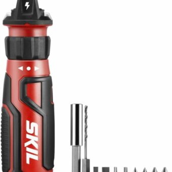 SKIL Rechargeable 4V Cordless Screwdriver with Circuit Sensor Technology, Includes 9pcs Bit, 1pc Bit Holder, USB Charging Cable - SD561201, Red