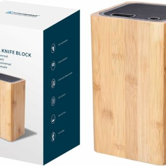 Deluxe Universal Knife Block with Slots for Scissors and Sharpening Rod - Eco-Friendly Bamboo Knife Holder For Safe, Space Saver Knives Storage - Unique Slot Design to Protect Blades - by KITCHENDAO