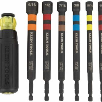 Klein Tools 32950 Ratcheting Impact Rated Hollow Power Nut Driver Set with Handle, Magnetic, Color Coded, 6 SAE Hex Sizes