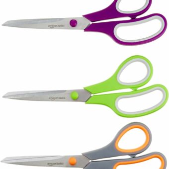 Amazon Basics Multipurpose, Comfort Grip, PVD Coated, Stainless Steel Office Scissors, 3-Pack, Purple, Green & Gray