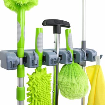 Amazon Basics Rectangular Heavy Duty, Wall Mount Storage Broom, Mop Holder or Tool Organizer with Hooks and Slots for Home, Garage, Garden, Laundry, or Kitchen, Gray, 16.75 x 3.35 x 2.36 Inches