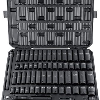 VEVOR 1/2" Drive Impact Socket Set, 65 Piece SAE 3/8" to 1-1/4" and Metric 10-24mm, 6 Point Cr-V Alloy Steel for Auto Repair, Easy-to-Read Size Markings, Rugged Construction, Storage Case