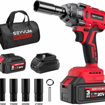 SEYVUM Impact Wrench,1/2" Impact Gun, Power Impact Driver Max Torque 320 Ft-lbs (430N.m), Cordless Impact Wrench with 20V Brushless Motor, 3.0Ah Li-ion Battery with Fast Charger, 4 Pcs Impact Sockets