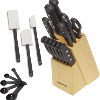 Farberware Triple Rivet High-Carbon Stainless Steel Knife Block and Kitchen Tool Set Precision Cutlery, 22 piece, Black