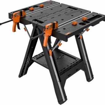 Worx Pegasus 2-in-1 Folding Work Table & Sawhorse, Easy Setup Portable Workbench, 31" W x 25" D x 32" H Lightweight Worktable with Heavy-Duty Load Capacity, WX051 - Includes 2 Clamps & 4 Clamp Dogs