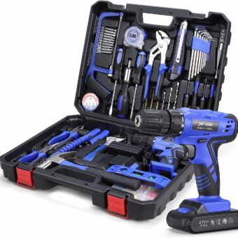 112 Piece Power Tool Combo Kits with 21V Cordless Drill, Professional Household Home Tool Kit Set with DIY Hand Tool Kits for Garden Office House Repair Maintain-Blue