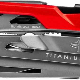 True Utility TI Locking Pocket Multi-Tool, 8-in-1 Tool kit, Titanium Nitride Frame, All-in-One EDC Asset for Camping, Hunting, Fishing, and Hiking, Silver/Red, One Size