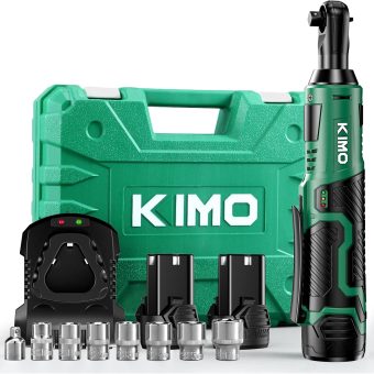 KIMO Cordless Electric Ratchet Wrench Set, 40 Ft-lbs, 400 RPM, 12V Cordless Ratchet Wrench 3/8" w/ 60-Min Charger, 7 Sockets, 1/4" adapter, 2-Pack 2000mAh Lithium-Ion Batteries, Variable Speed Trigger