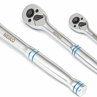 Neiko 03000A 100-Tooth Quick-Release Ratchet-Wrench Set, 1/4-Inch-, 3/8-Inch-, and 1/2-Inch-Drive Ratchets, 3.6-Degree Swing, CrMo Steel, 3-Piece Set