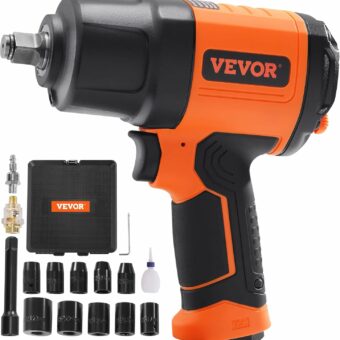 VEVOR 1/2-Inch Air Impact Wrench - High Torque 1400 ft-lbs - Lightweight 4.6 lb - Includes 11-Piece CR-V Steel Impact Socket Set & Carrying Case