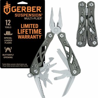 Gerber Gear Suspension 12-in-1 EDC Multi-Plier Multitool with Pocket Knife, Needle Nose Pliers, Wire Cutters and More, Gifts for Men, Camping and Survival, Grey