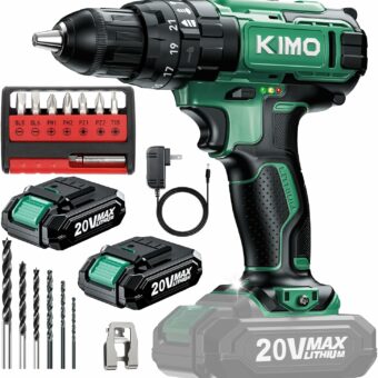 KIMO Hammer Drill - 20V 2X Battery Hammer Drill Cordless Drill Set, 3/8" Keyless Chuck, 350 In-lb Torque, 1350 RPM, 21+3 Position,14pcs Drill/Driver Bits, Power Drill Drivers for Brick Wall Concrete