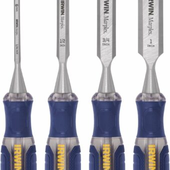 IRWIN Chisel Set, Woodworking, 4-Pack, Extra-Long Strike Cap, Strong & Durable Steel Core (IRHT82507)