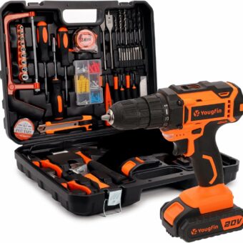 Yougfin Drill Sets Power Tool Combo Kit with 2 Batteries & Charger, 20V Battery Powered Cordless Drill Set with 114pcs Hand Tools, Tool Box with Electric Drill for Home