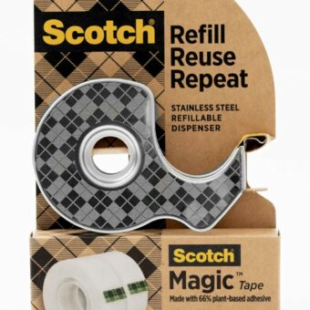 Scotch Stainless Steel Refillable Dispenser and 2 Rolls of Scotch Magic Tape with 66% Plant Based Adhesive, 0.75 in. x 550 in, Invisible Tape, Oﬃce Supplies and School Supplies