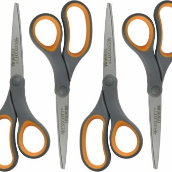 Westcott Titanium Bonded Scissors, Soft Handle, 8", Straight, Gray/Yellow, 4-Pack