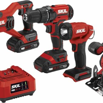 SKIL 20V 4-Tool Combo Kit: 20V Cordless Drill Driver Reciprocating Saw, Circular Saw and Spotlight, Includes Two 2.0Ah PWR CORE Lithium Batteries and One Charger - CB739701,Black, Red