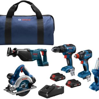 BOSCH GXL18V-501B25 18V 5-Tool Combo Kit with 2-In-1 Bit/Socket Impact Driver/Wrench, 1/2 In. Hammer Drill/Driver, Reciprocating Saw, Circular Saw,...