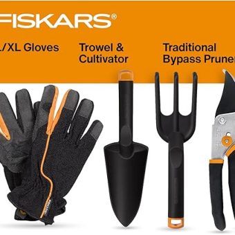 Fiskars House Plant Starter Tool Set with Set with Bypass Pruner, Trowel, Cultivator, and L/XL Garden Gloves for Indoor Gardening (4 Piece Kit)