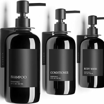 Stylish Shampoo and Conditioner Dispenser Set of 3 for Wall Mount - Modern Drill Free 21oz Shower Soap Bottles with Labels - Easy Refill Body Wash...