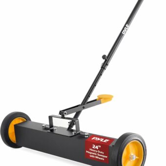 Pyle 24” Rolling Magnetic Sweeper with Adjustable Handle - Strong and Durable Metal Construction, Heavy-Duty Cleaning, Metal Pickup for Industrial and Commercial Use (Black and Orange)